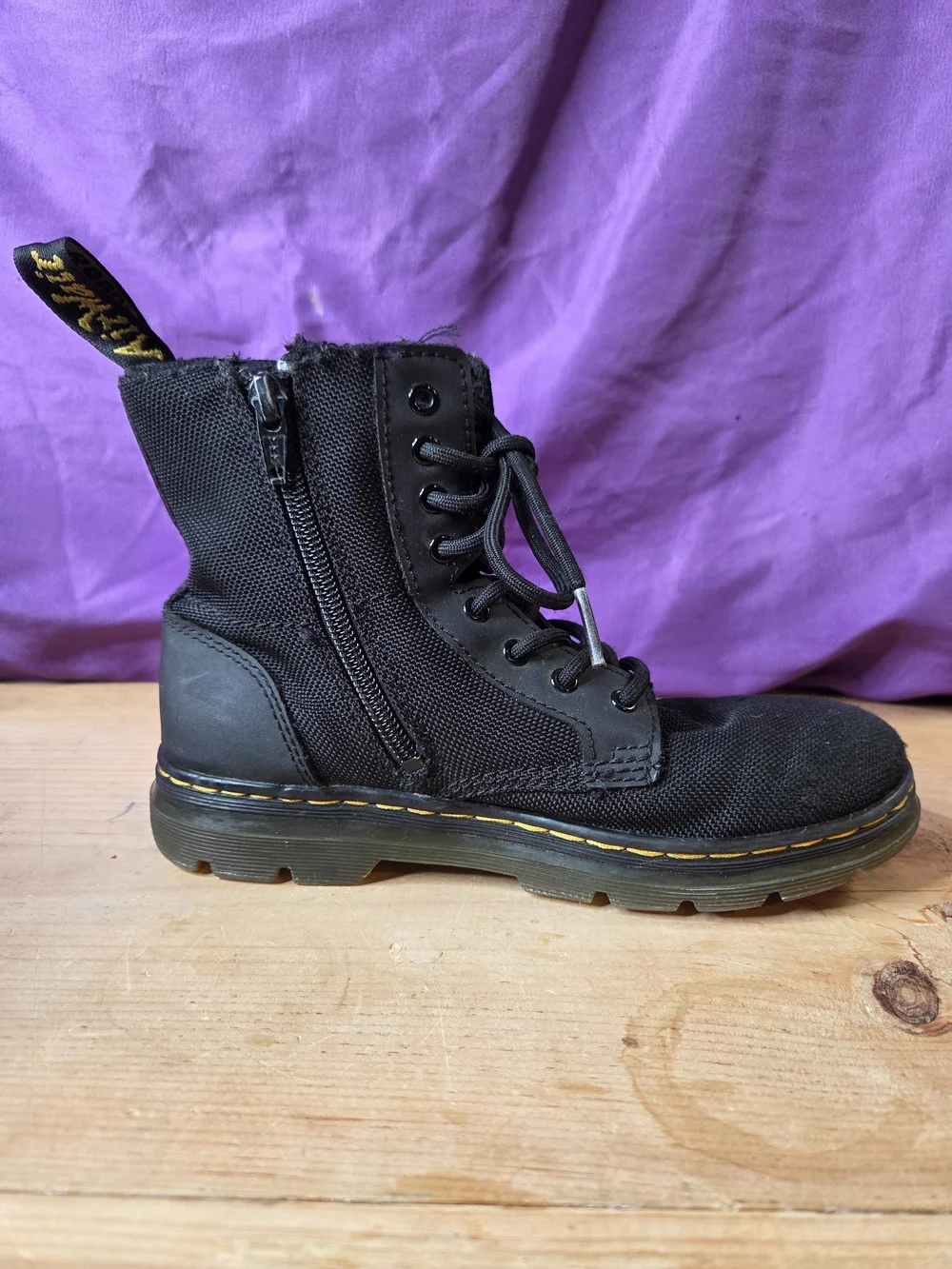 Dr. Martens Black Canvas Lace-Up Boots with Yellow Stitching